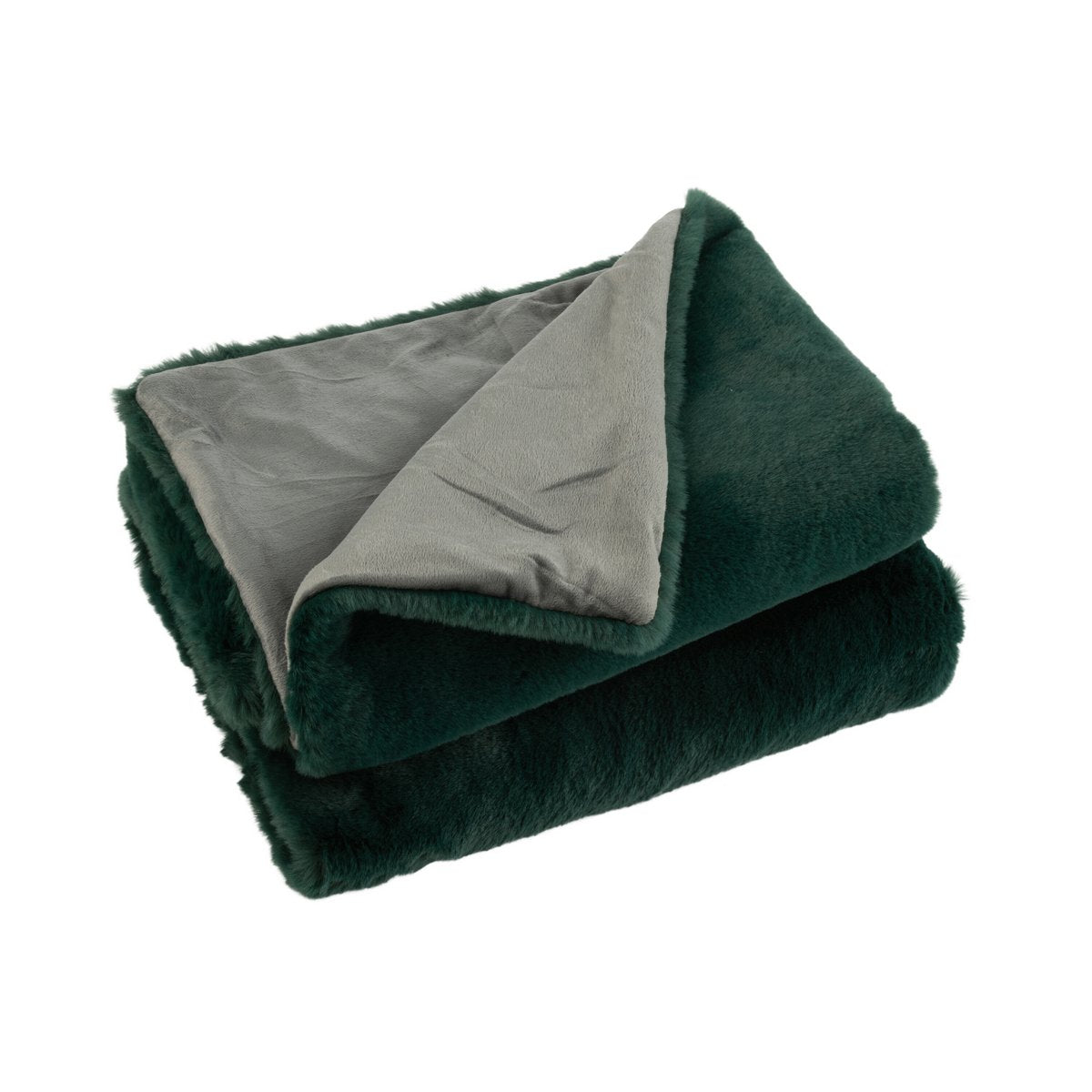 Plaid Cutie J-Line en polyester vert foncé, posé sur un canapé.