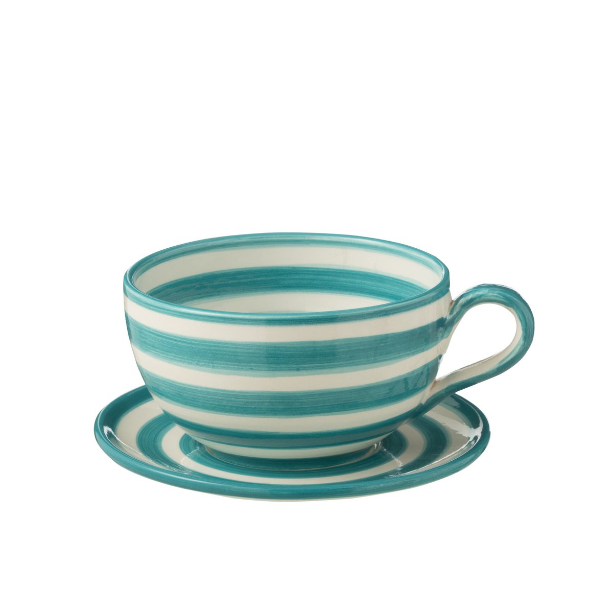 Tasse J-Line Grenade Stripes en céramique blanche et aqua avec soucoupe
