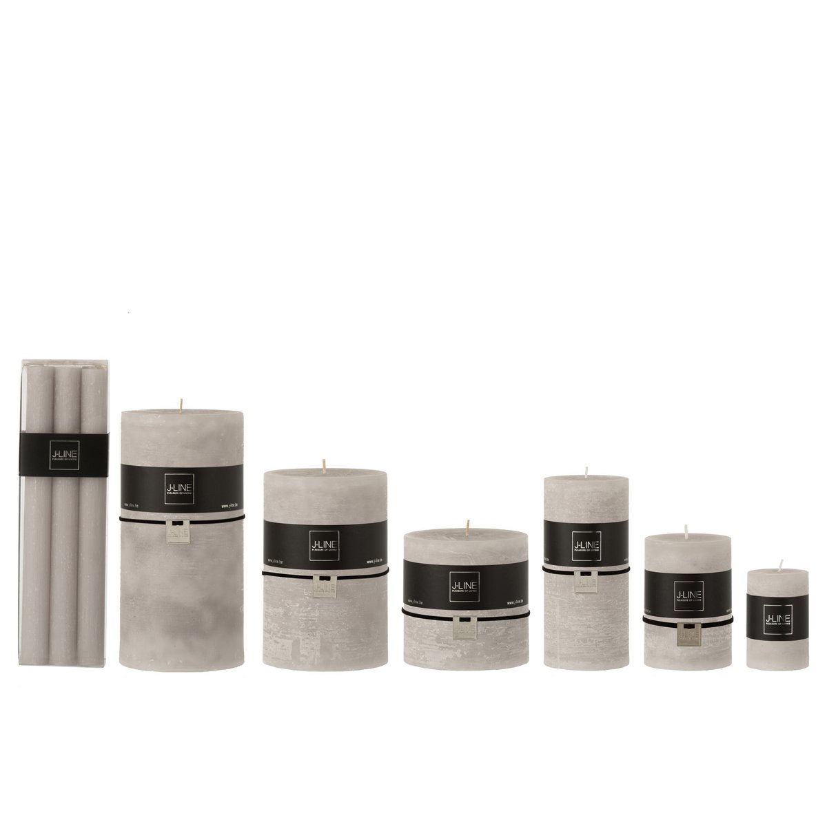 Coffret de 6 bougies J-Line gris clair, vue de face avec détails du coffret