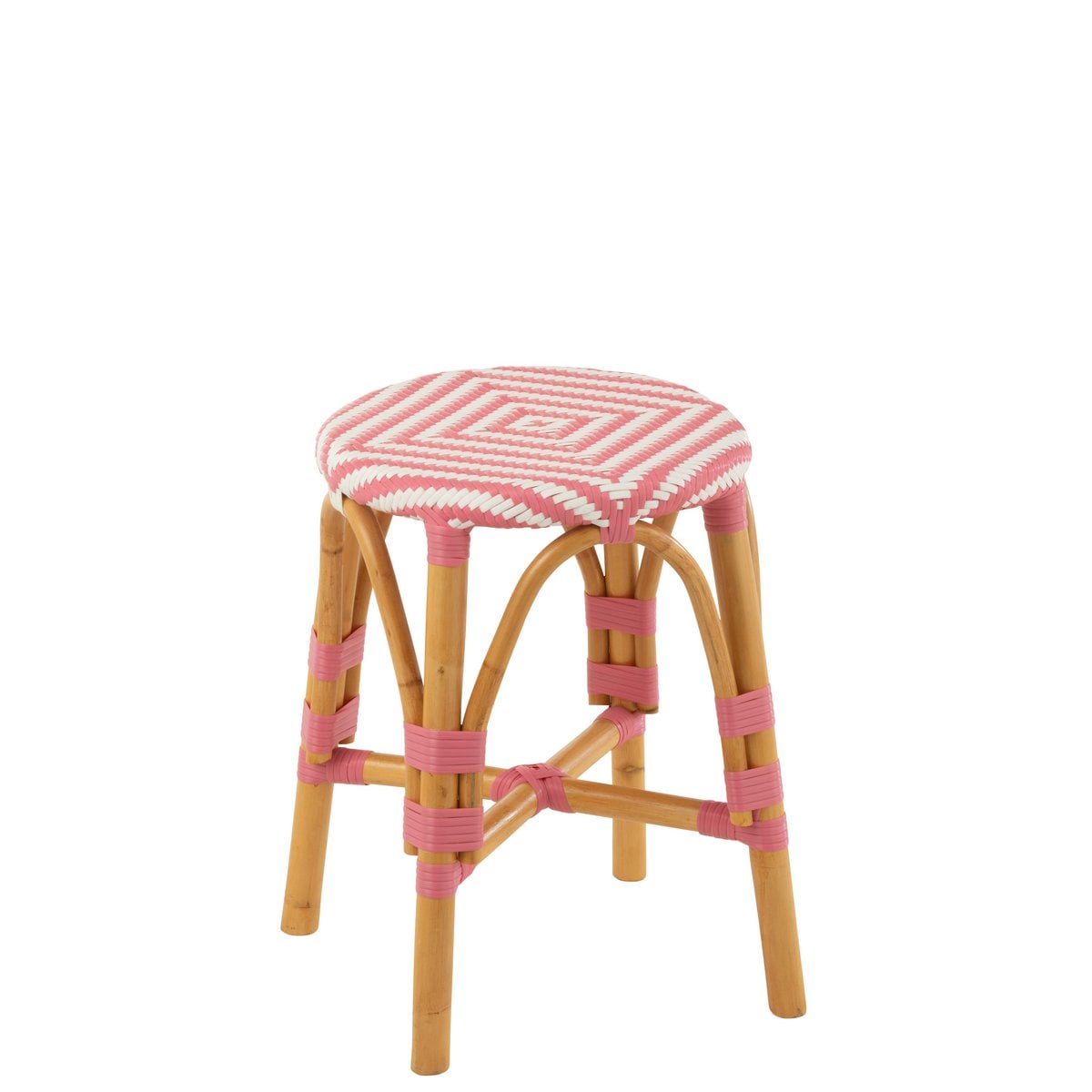 Tabouret en rotin rose, angle latéral