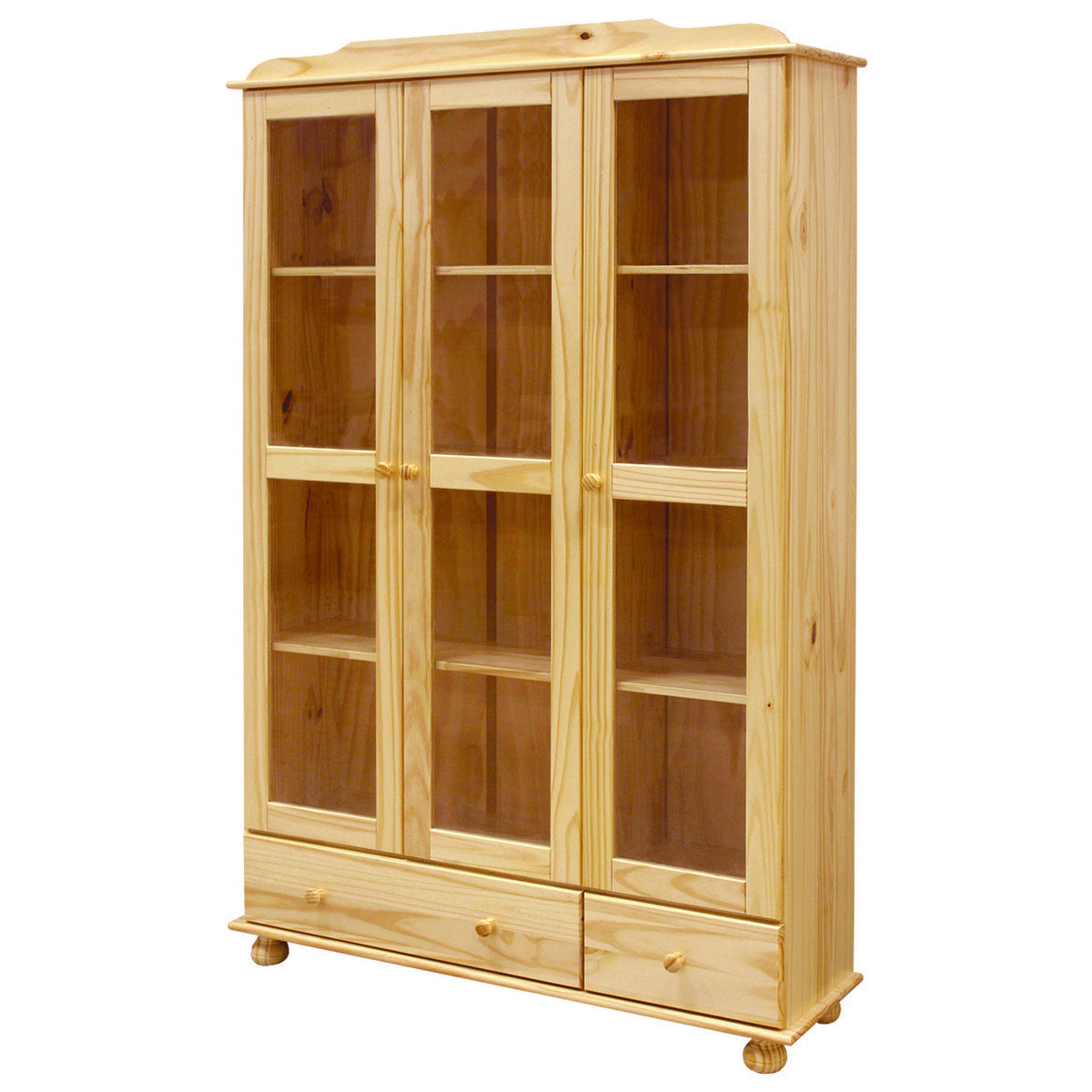Vue latérale de la vitrine Moebilia montrant les tiroirs en bois