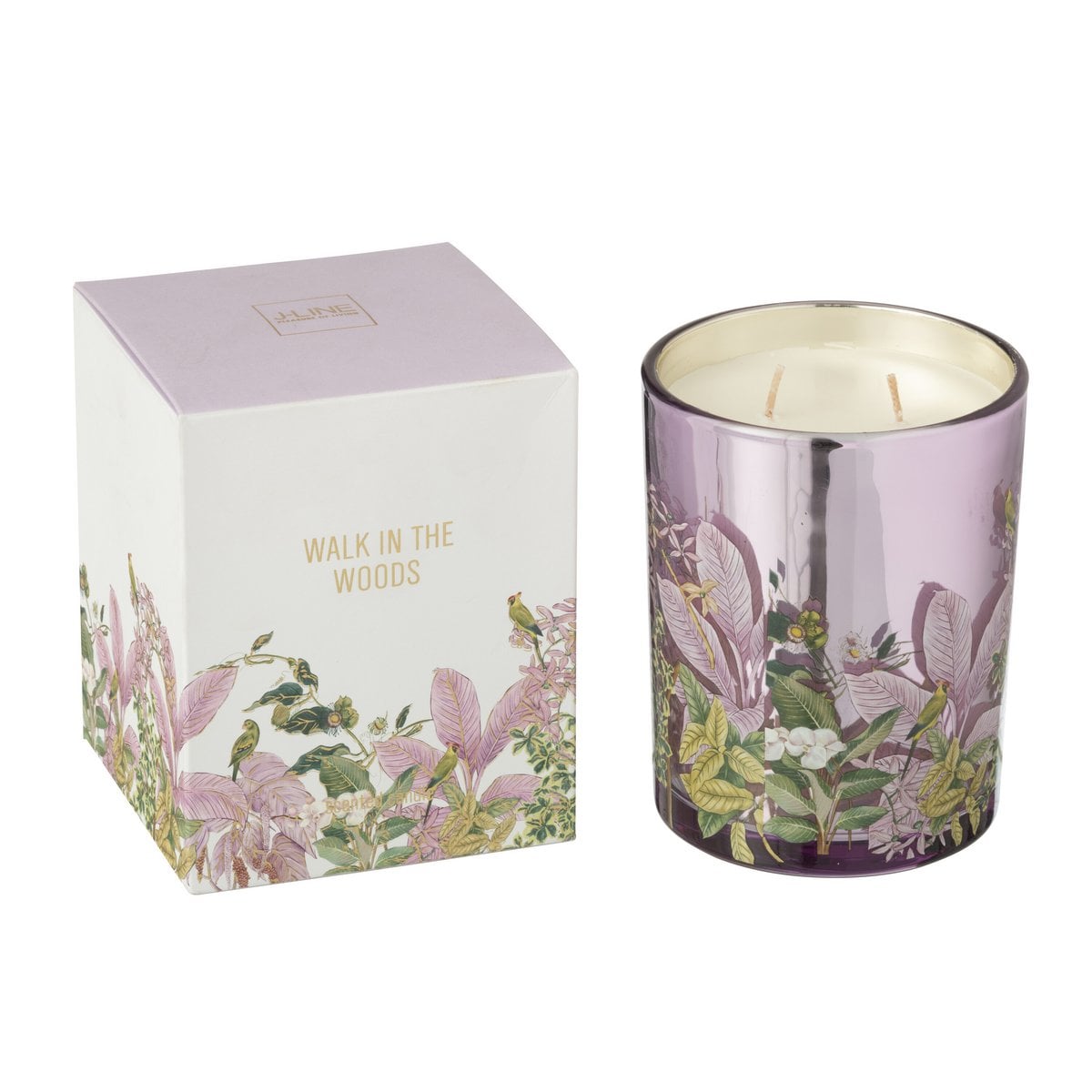 Bougie parfumée J-Line Walk In The Woods, couleur rose avec étiquette élégante.