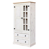 Vue de côté de la vitrine en bois blanc avec tiroirs décoratifs