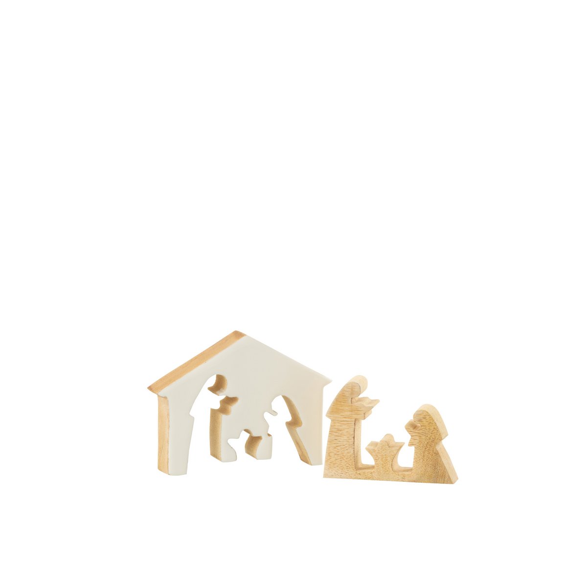 Crèche en bois J-Line, décoration de Noël élégante en blanc et naturel.
