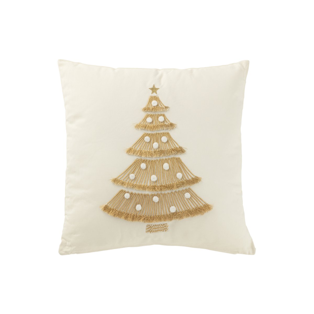 Coussin Sapin de Noël J-Line avec franges et pompons en blanc et doré