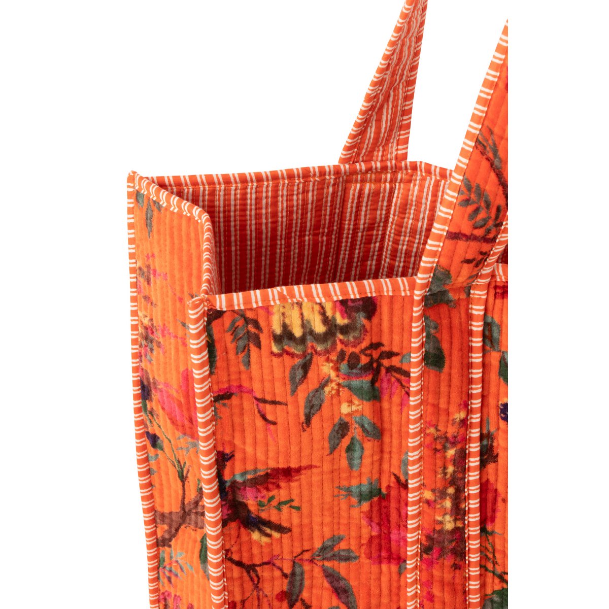 Détail du velours floral orange du sac d'oiseaux J-line