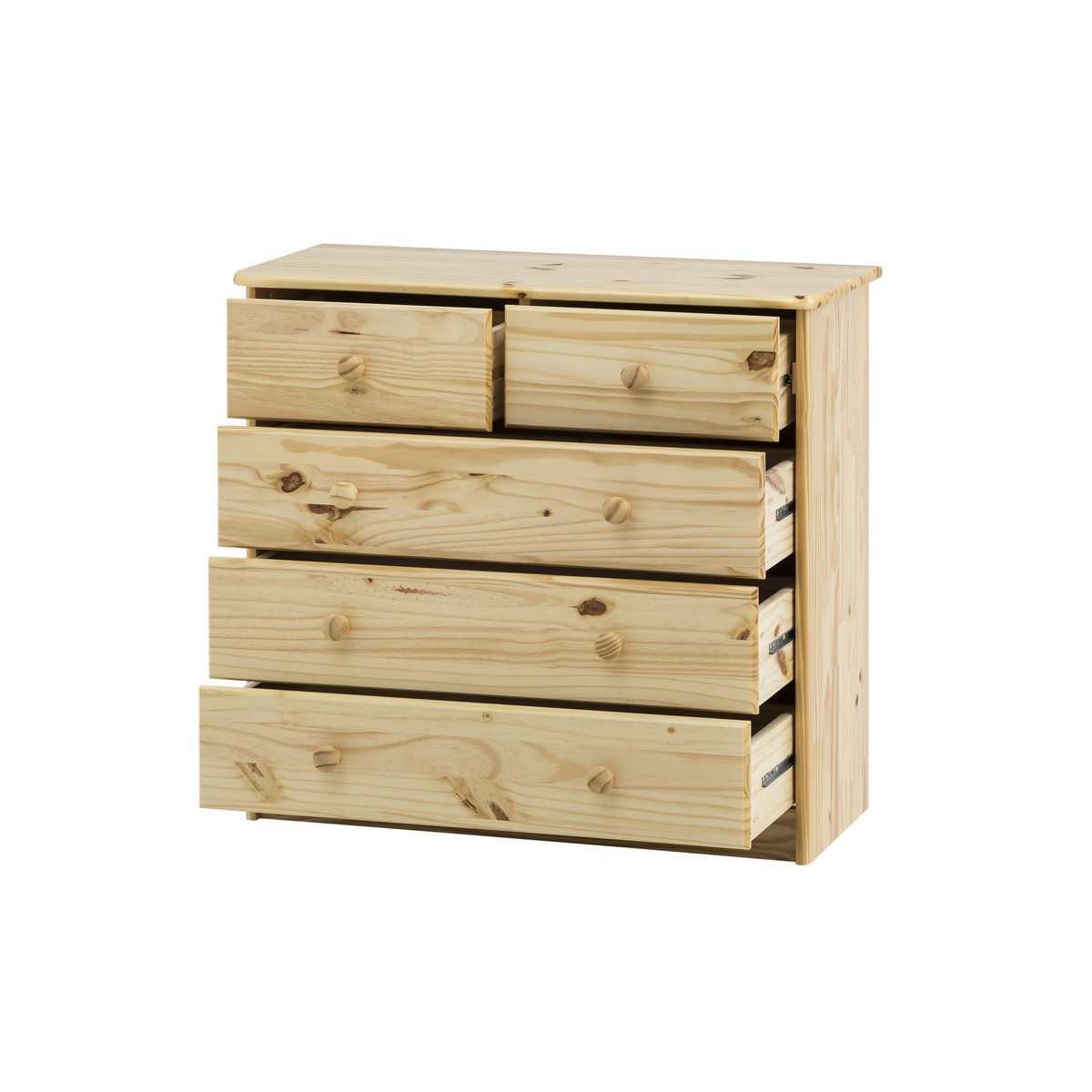 Vue de côté de la commode en bois de pin avec finition vernie