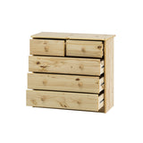Vue de côté de la commode en bois de pin avec finition vernie