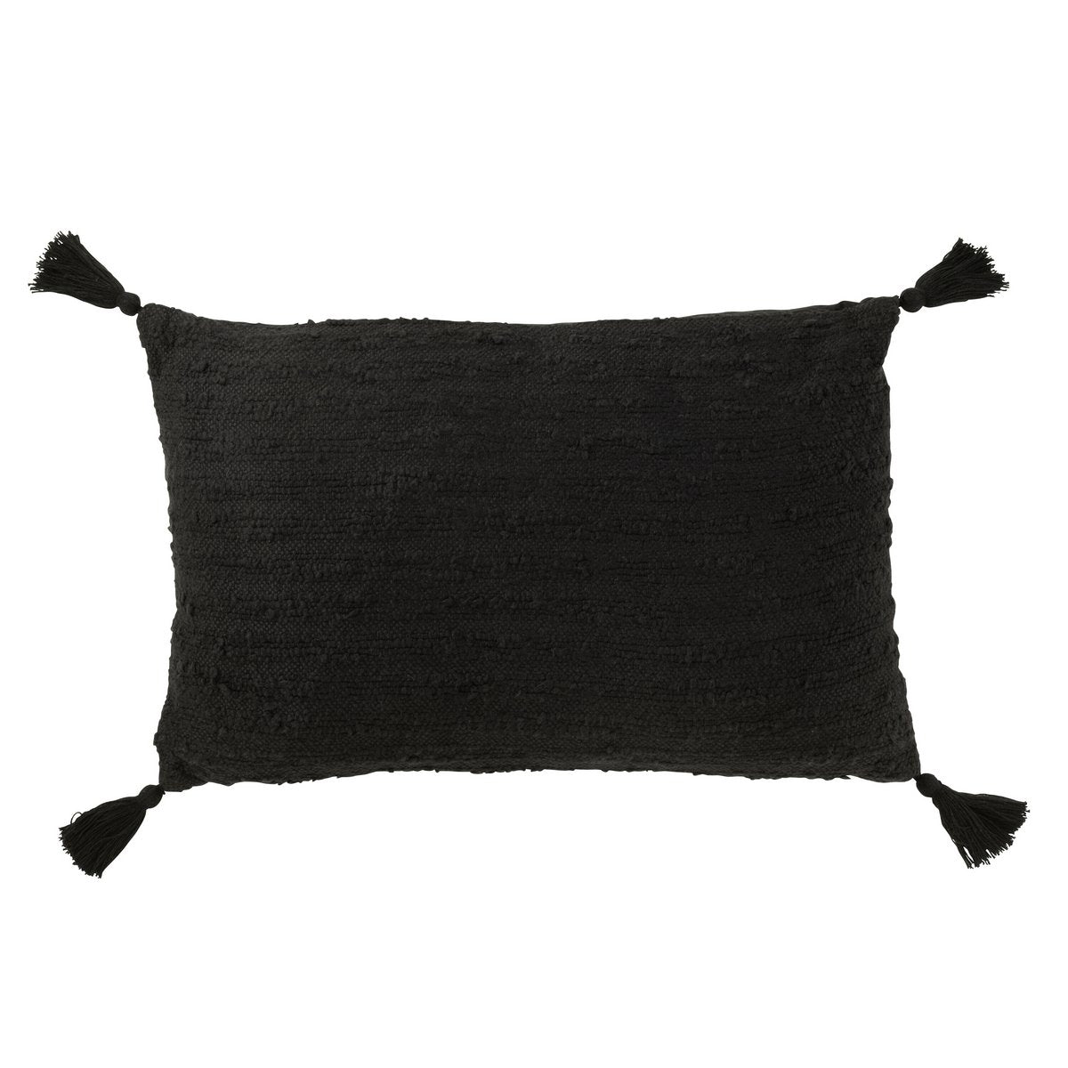 Coussin J-Line rectangulaire noir avec pompons, vue de face.