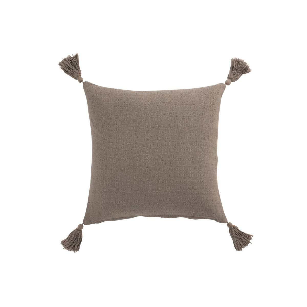 Détail des pompons du coussin J-Line en coton taupe