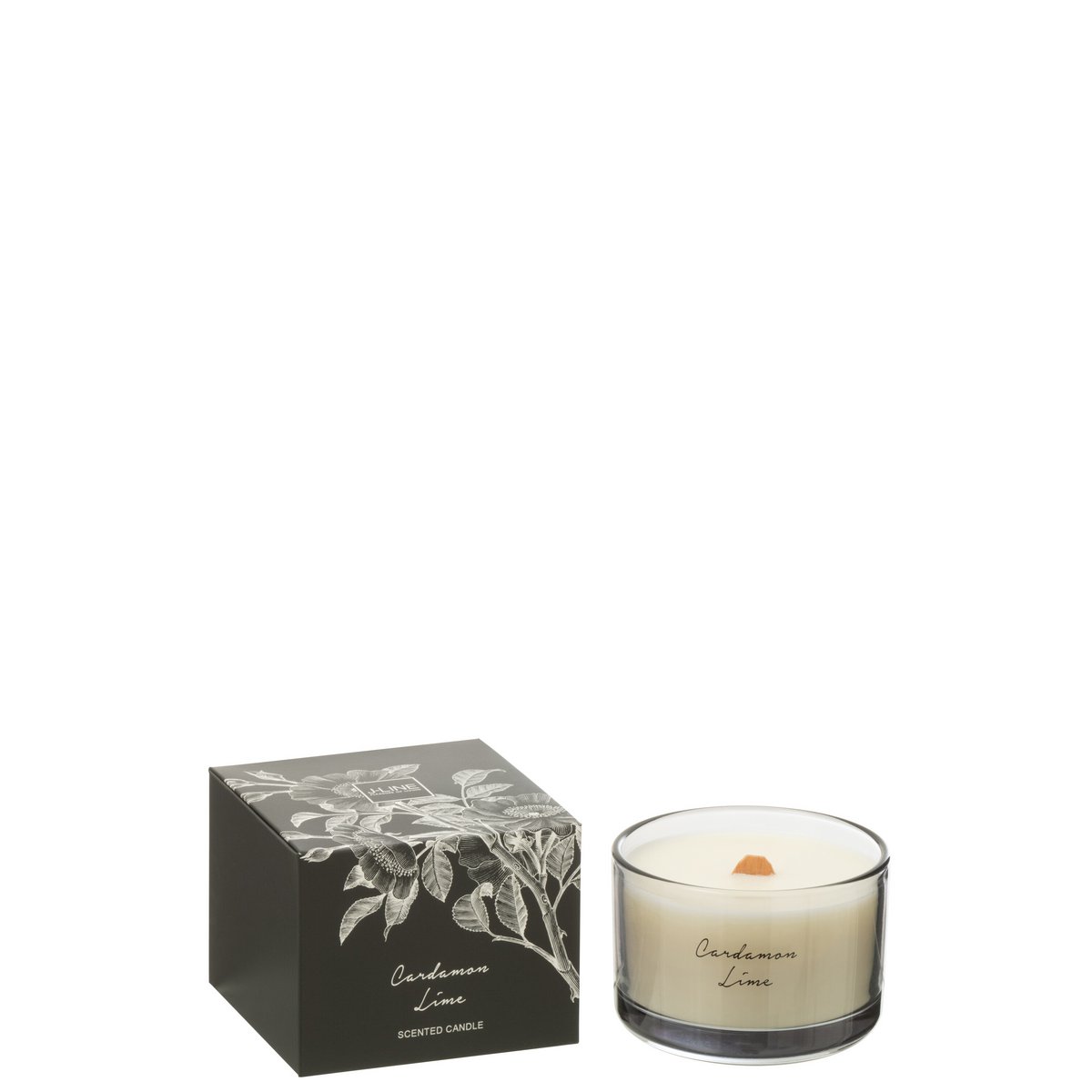 Bougie parfumée J-Line Cardamome Lime Coco, mise en scène dans un intérieur moderne.