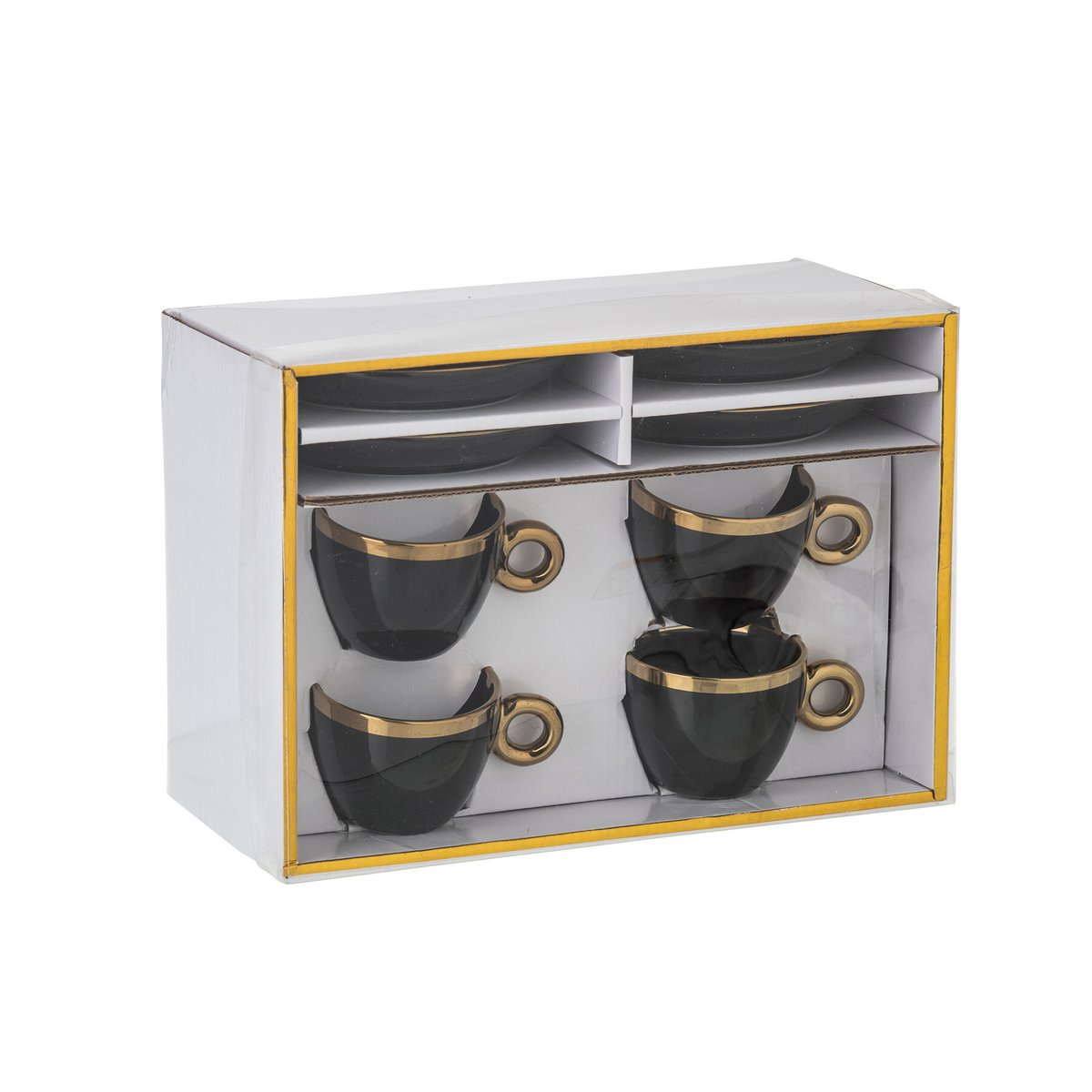 Détail des tasses en céramique noir avec motifs dorés