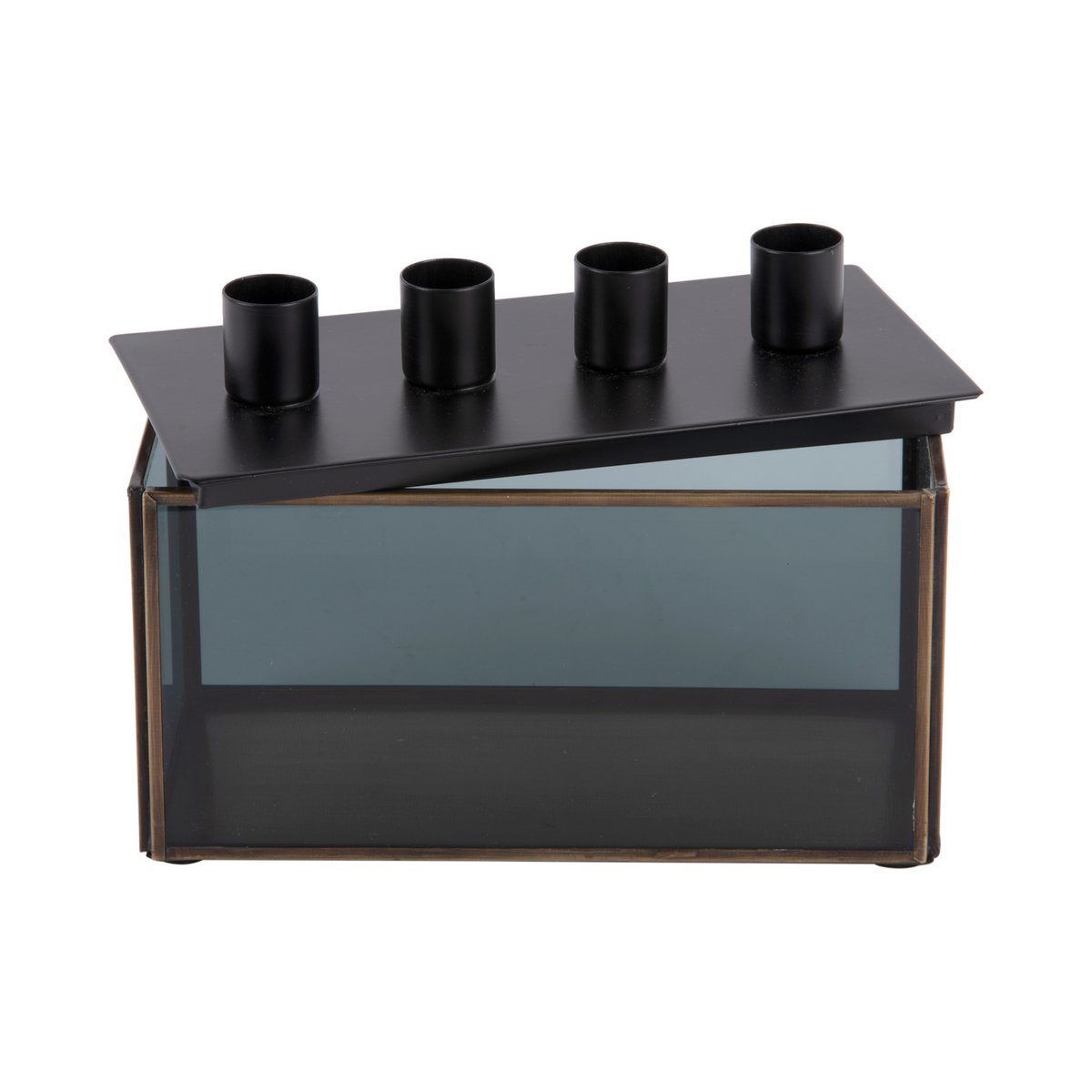 Vue de côté du bougeoir rectangulaire en métal noir et verre