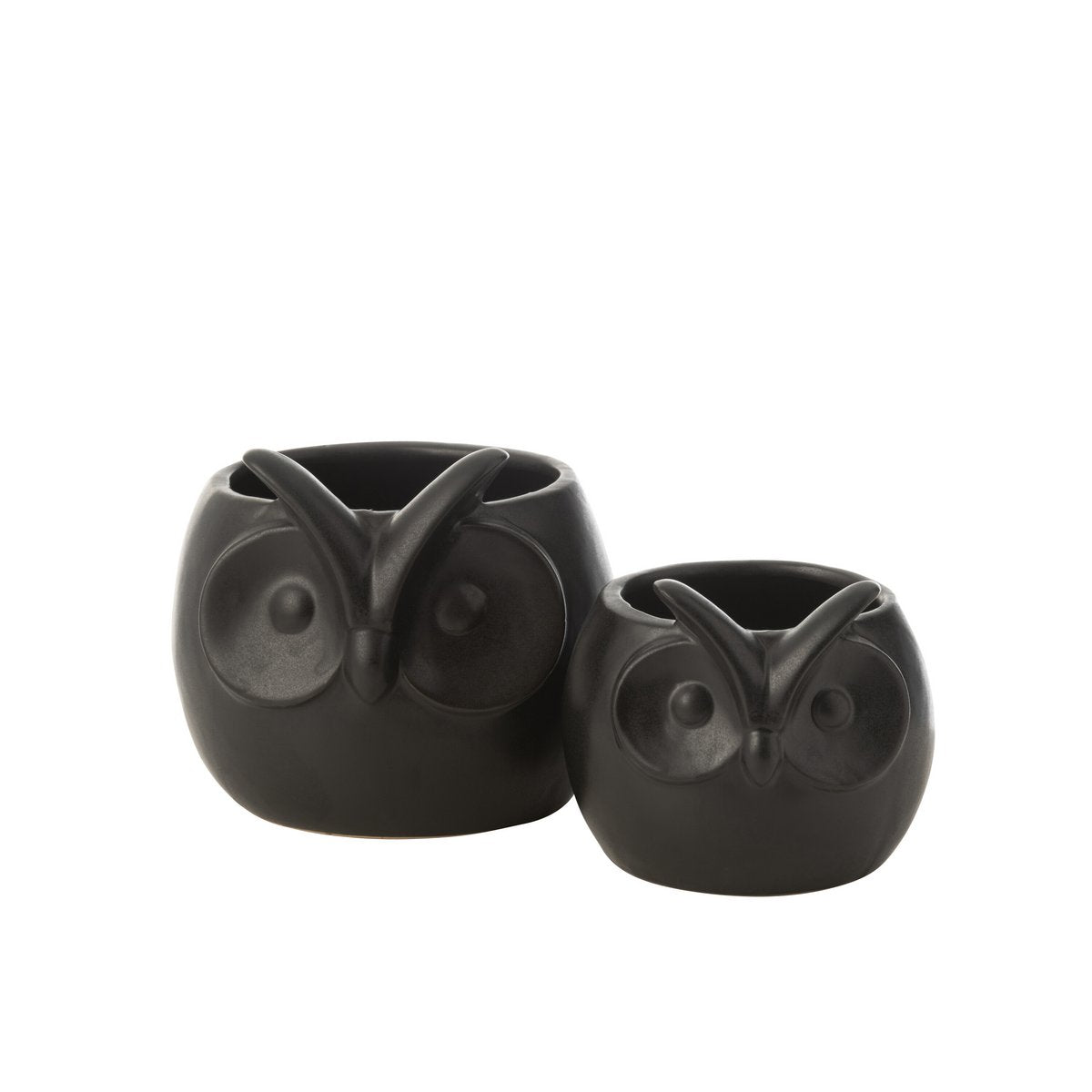 Détail du pot de fleurs hibou noir en porcelaine