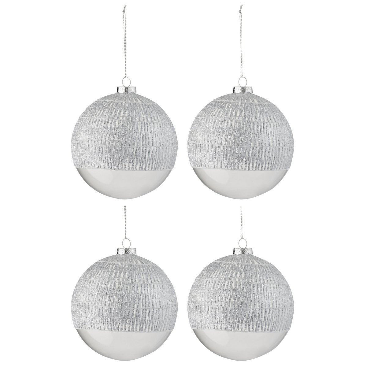 Coffret de 4 boules de Noël J-Line en verre transparent argenté, vue d'ensemble.