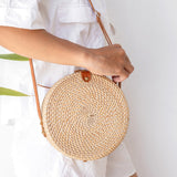 Sac rond en rotin beige sac à bandoulière fait main avec sangles en cuir synthétique sac à bandoulière Boho Bali sac SENJA (naturel)