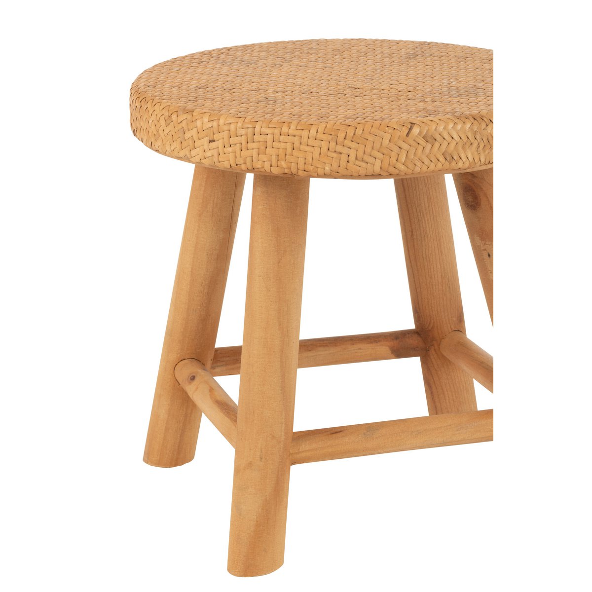 Détail du tabouret rond J-Line, texture du roseau et finition en bois