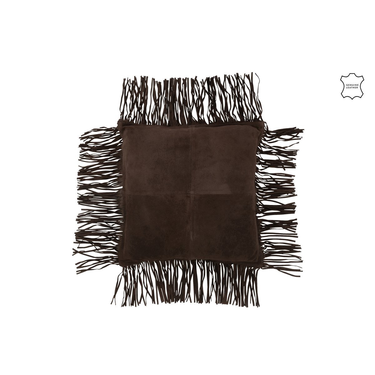 Coussin J-Line Franges en cuir marron posé sur un canapé élégant