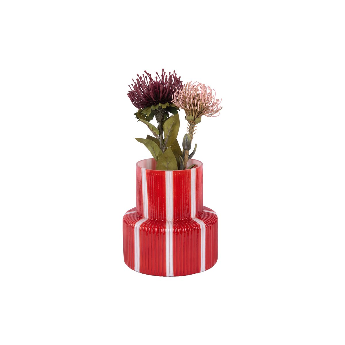 Vase rétro en verre à larges rayures rouges, vue de profil