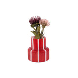 Vase rétro en verre à larges rayures rouges, vue de profil