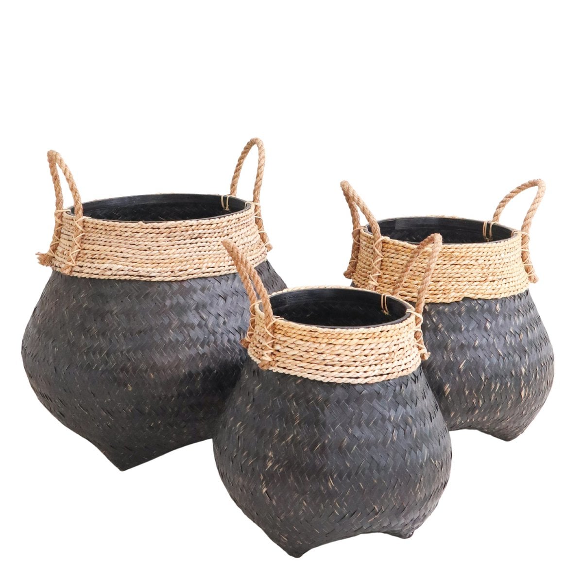 Panier décoratif en bambou noir BENOA - taille L avec plantes
