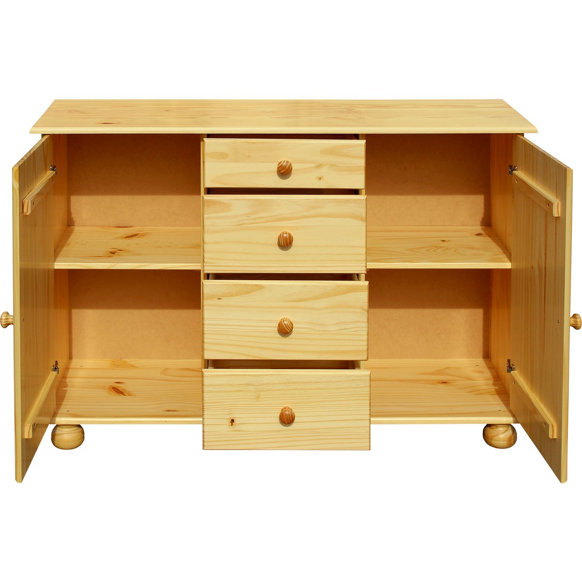 Vue latérale de la commode montrant les portes avec étagère