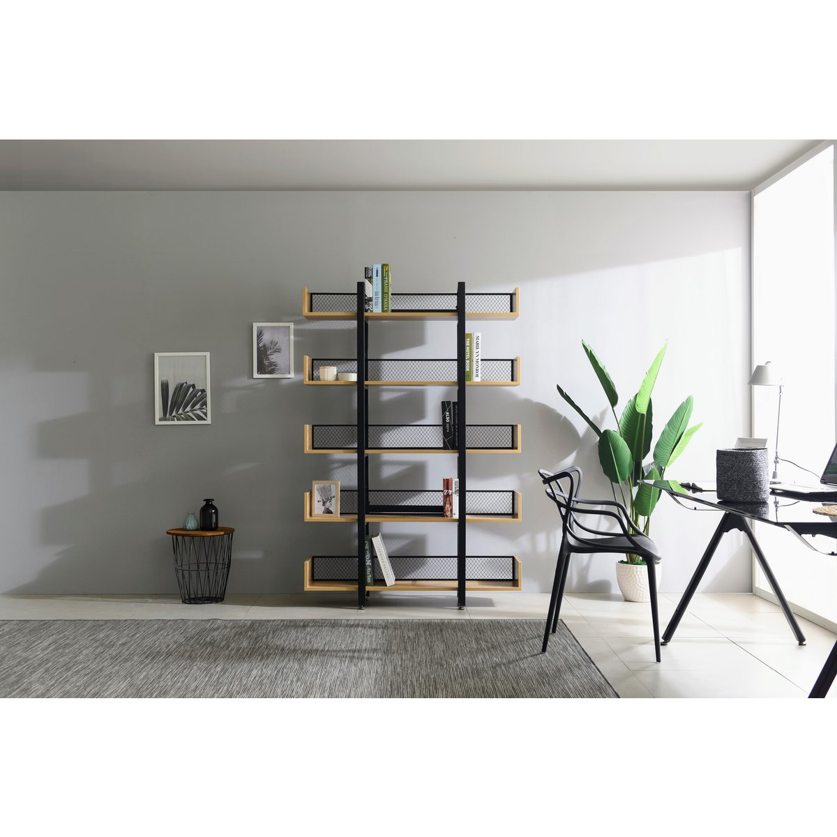 Étagère moderne en MDF et métal, détail des matériaux