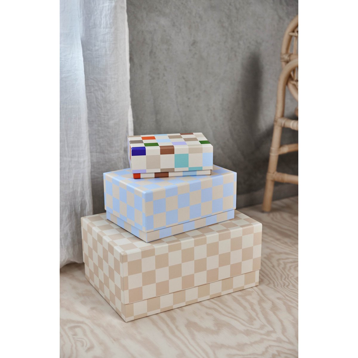 Boîte de Rangement Mana Mix - Ensemble de 3 boîtes en carton avec motif d'échecs.