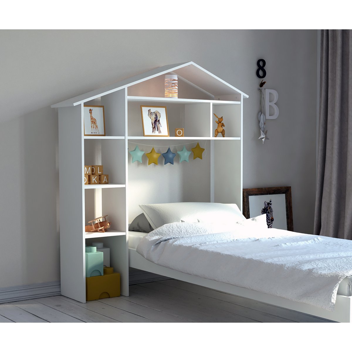 Étagère maison en bois blanc avec décoration scandinave.