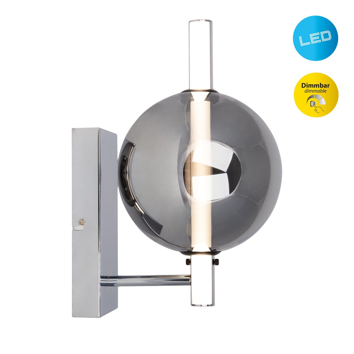 Lampe murale LED "Nova" Chrome en métal et verre de fumée, avec LED intégrée, 31,3 cm de haut