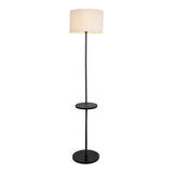 Lampe debout avec table "Tordis" intégrée en métal noir et matériau textile blanc naturel, 157 cm de haut, E27