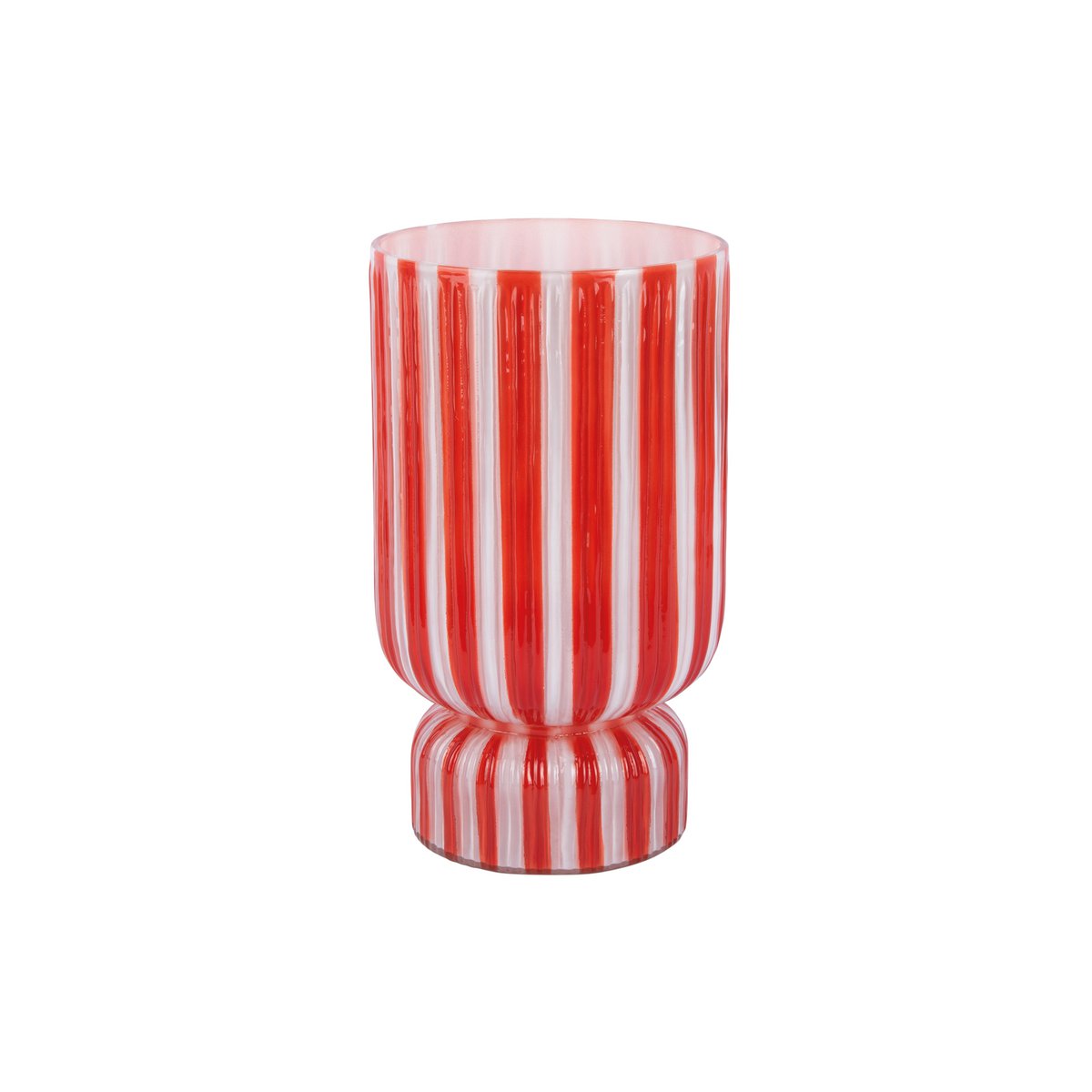 Grand vase rayé rétro en verre rouge, vue de face avec rayures distinctives.
