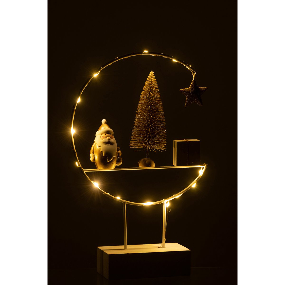 Demi-Cercle LED Père Noël en bois blanc et or, détail sur pied