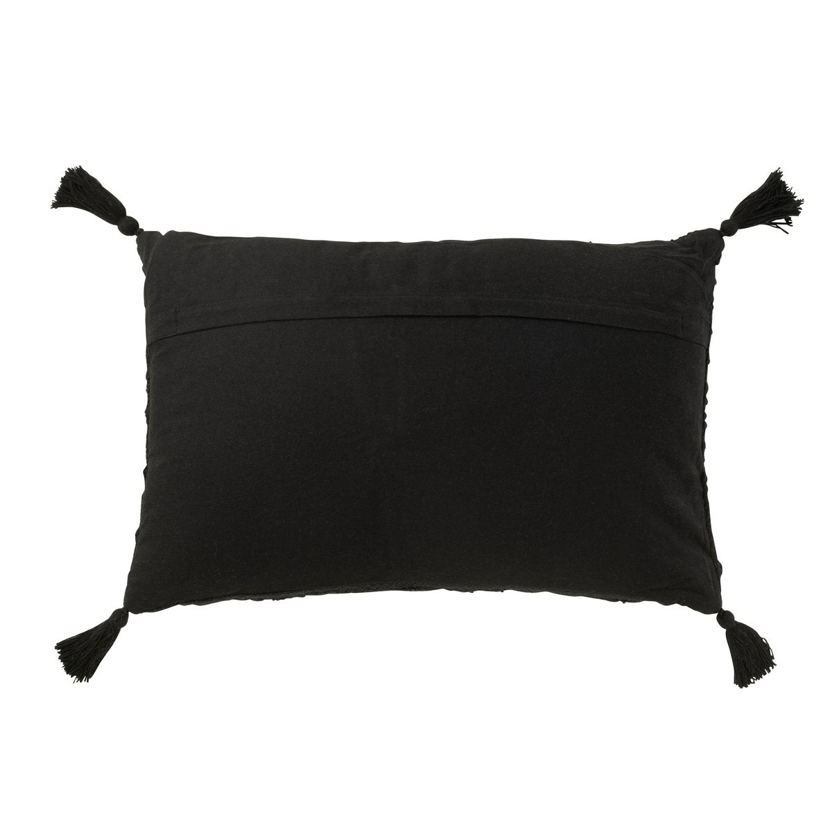 Détail du coussin J-Line en coton noir avec pompons sur un canapé.