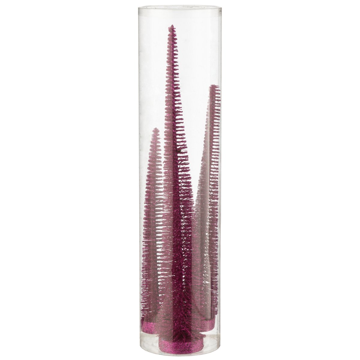 Ensemble de trois sapins décoratifs glitter fuchsia, détail des paillettes