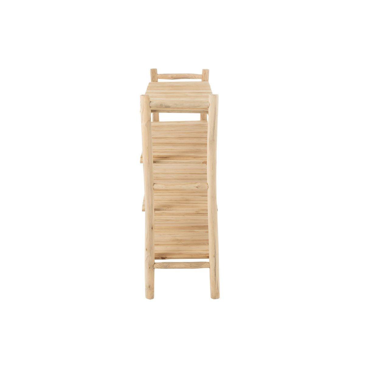 Détail des étagères en teck naturel, soulignant la texture du bois.