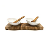 Set de 2 bols à dips DESIGN en porcelaine avec 2 cuillères sur bois d'olivier