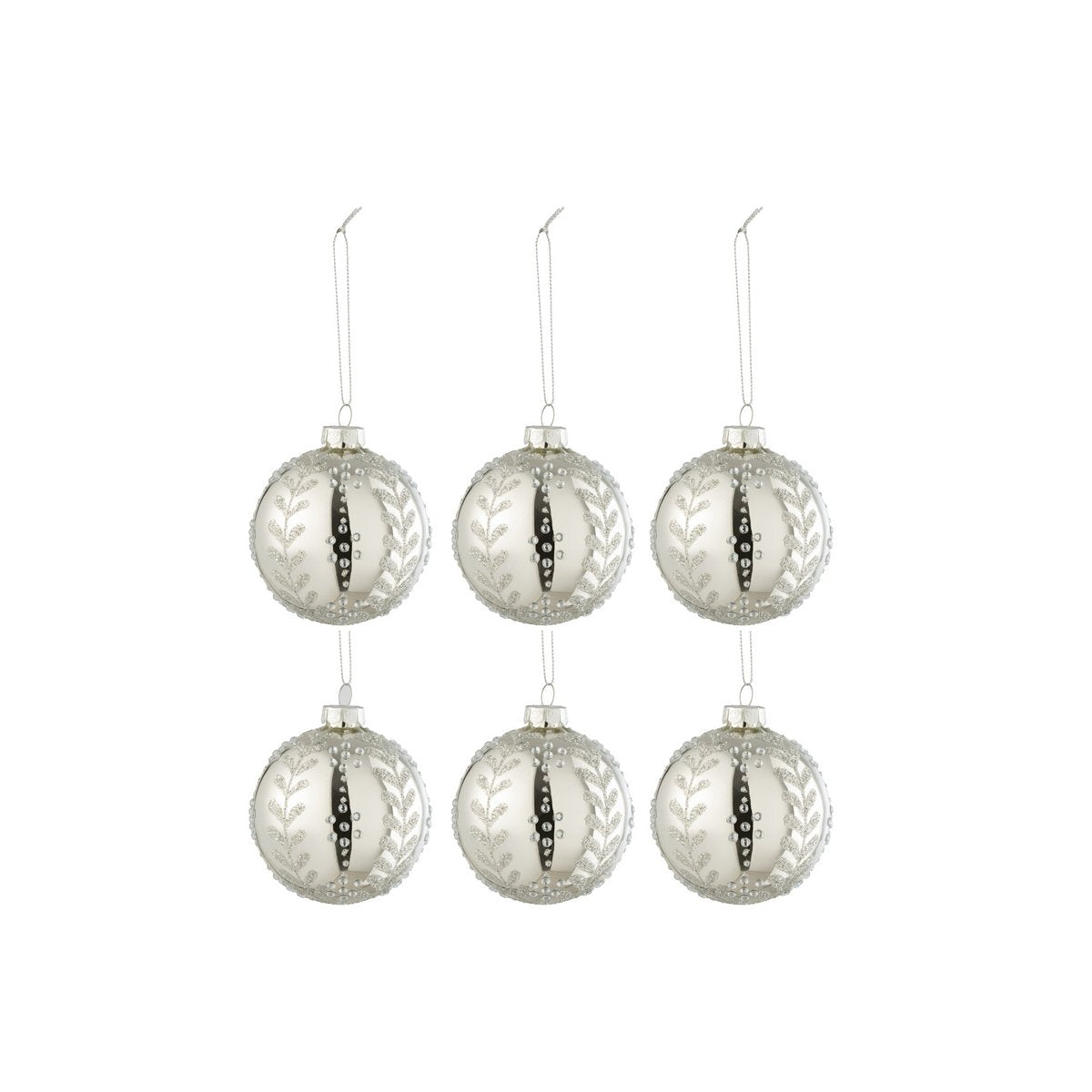 Boule de Noël en verre argenté pailleté avec feuilles décoratives