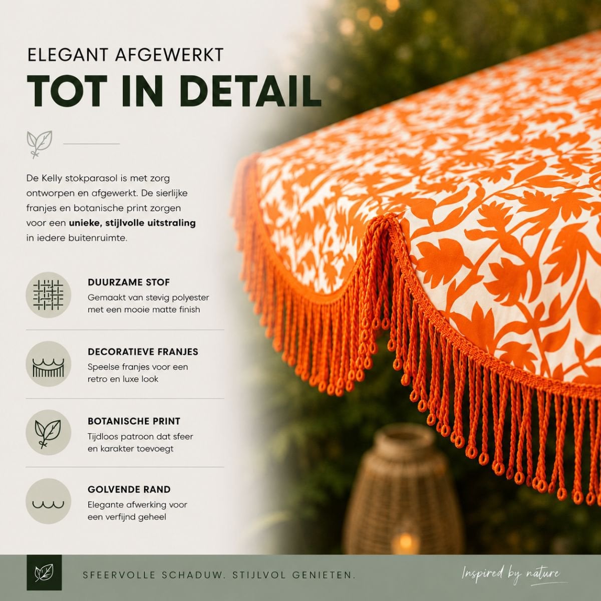 Parasol Kelly Orange avec imprimé floral et franges élégantes