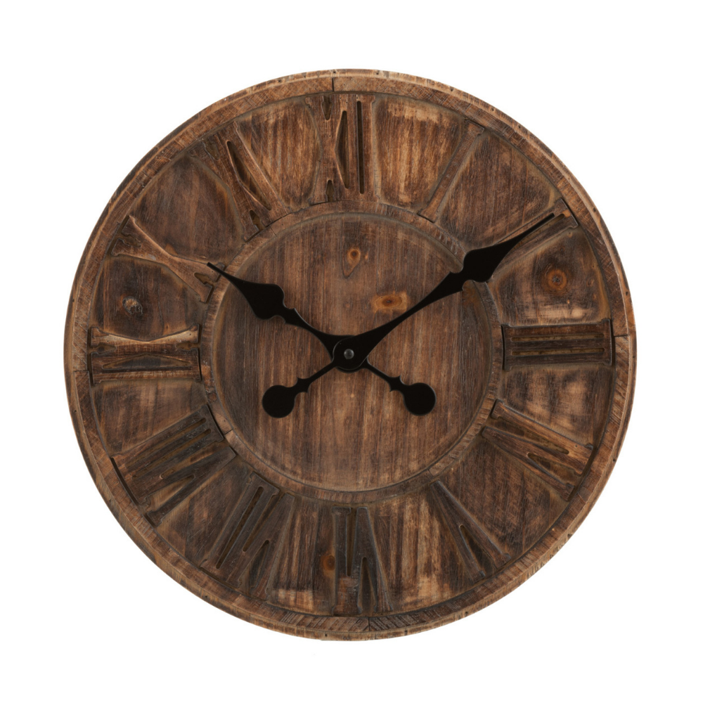 Horloge murale J-Line en bois brun avec chiffres romains, vue de face