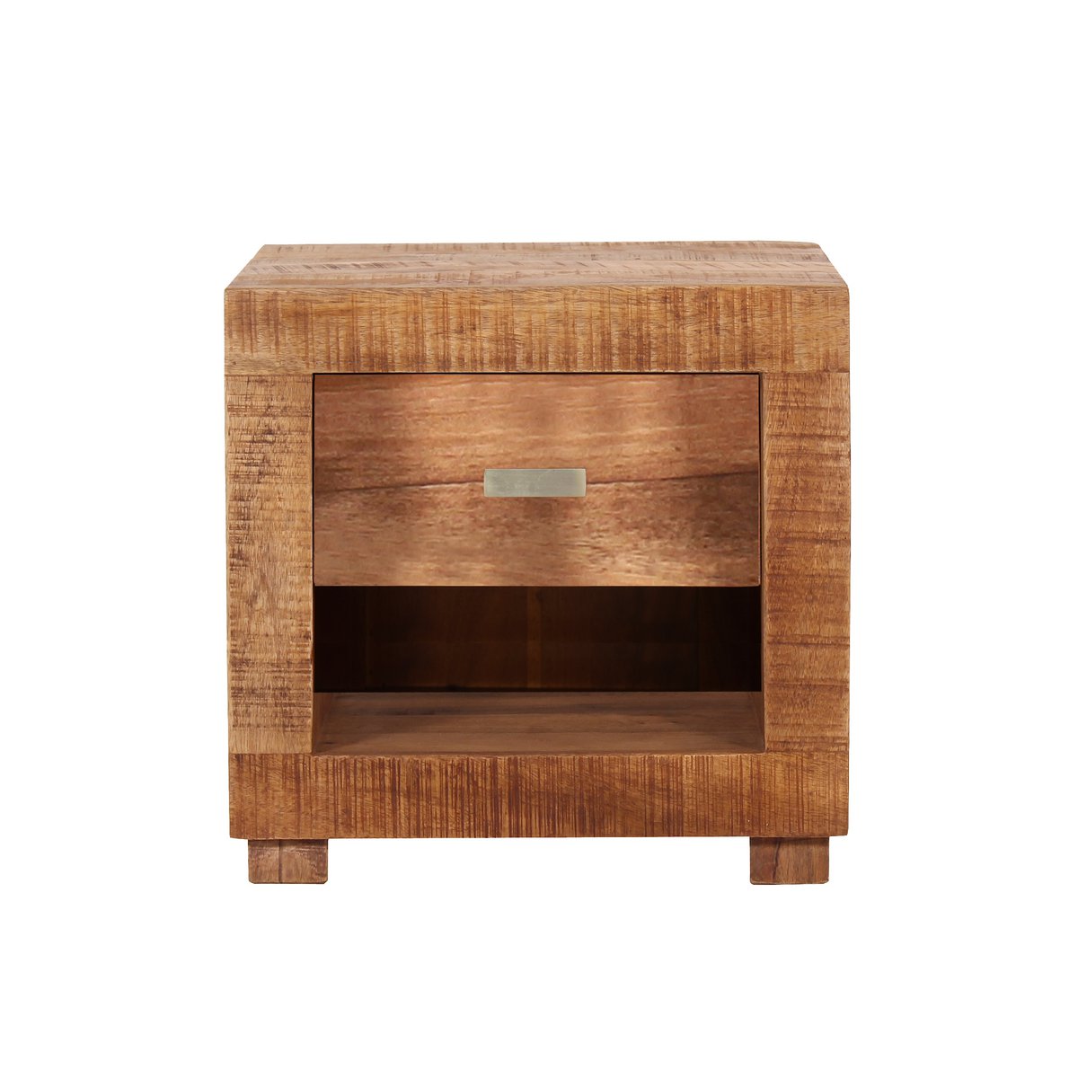 Table de chevet en bois de manguier avec tiroir et étagère ouverte, design classique.