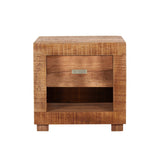Table de chevet en bois de manguier avec tiroir et étagère ouverte, design classique.