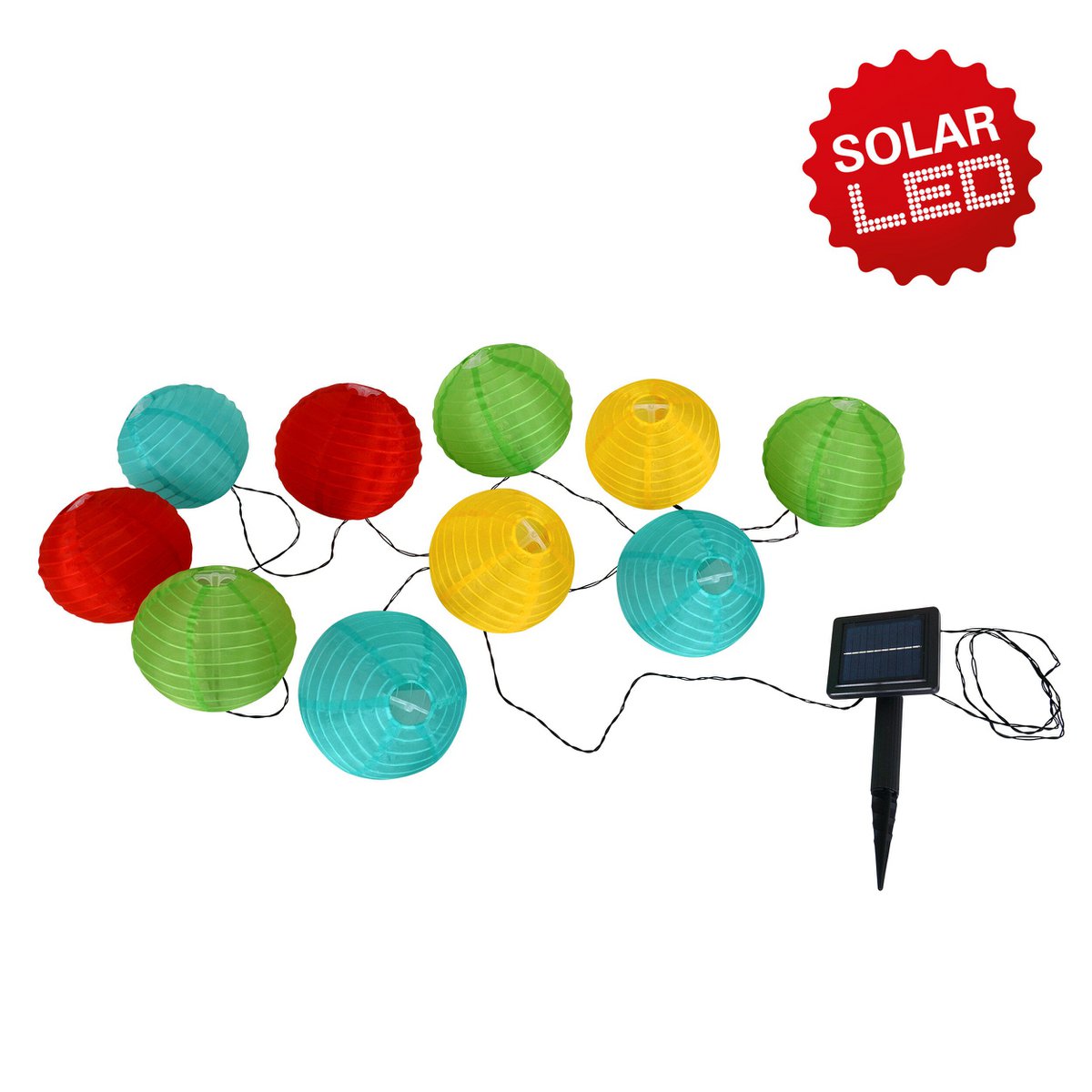 Chaîne légère à 10 solaires textiles LED colorée, pour l'extérieur, chaîne légère-métal et plastique et textile, coloré, avec LED intégrée