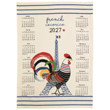 Torchon calendrier recyclé French Cocorico 2027 en écru avec motif coq et tour Eiffel