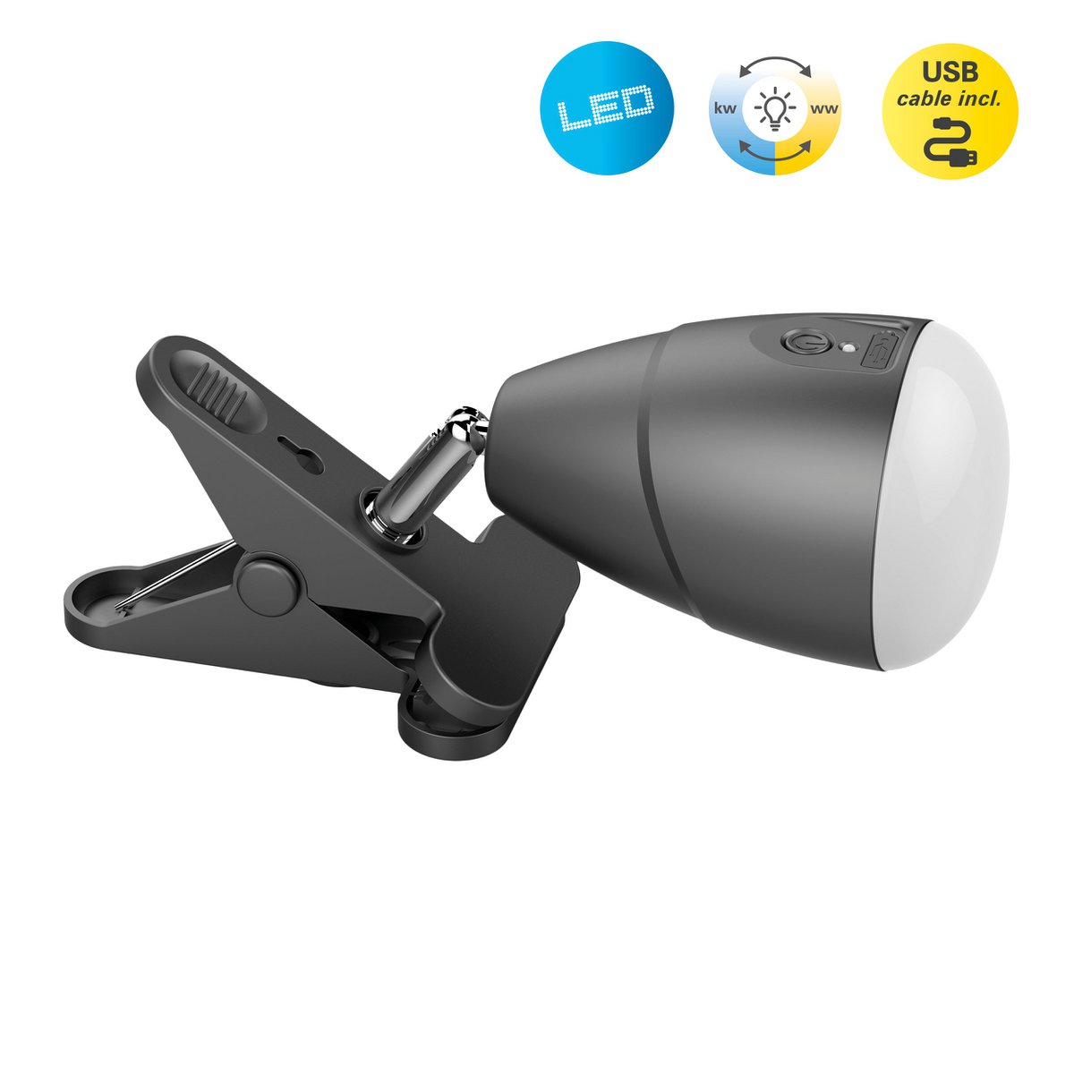 Lampe de serrage LED en métal et en plastique en noir, avec des LED intégrées
