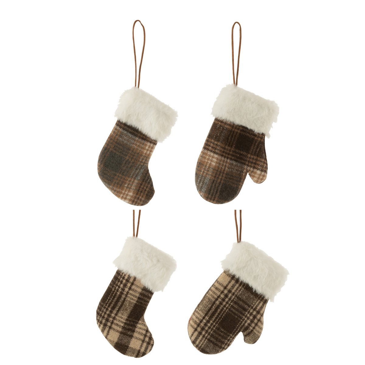 Assortiment J-Line de 4 pièces en textile marron et beige, incluant chaussettes, gant et chapeau.