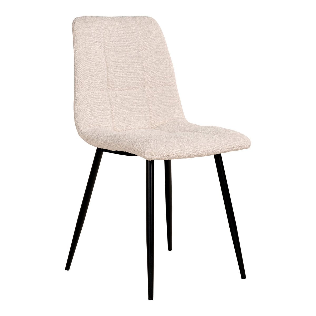 Chaise Middelfart en tissu bouclé blanc avec pieds en métal noir, vue de face
