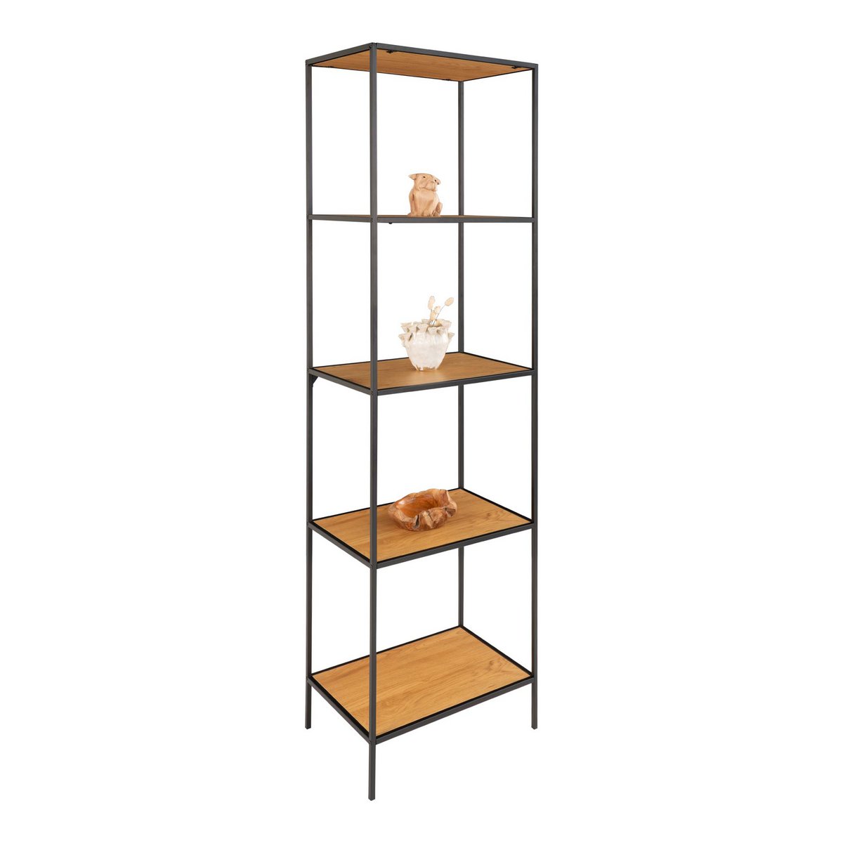 Étagère Vita en aspect chêne naturel avec structure en acier noir dans un salon moderne