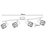 Spot dirigé à 4 "Josefa" avec filament de version E14, lampe de plafond en métal et verre en acier inoxydable, avec des lampes filamentaires de version E14 incluses, lampe pour le salon, la salle à manger, le couloir ou le couloir 70 x 8 cm