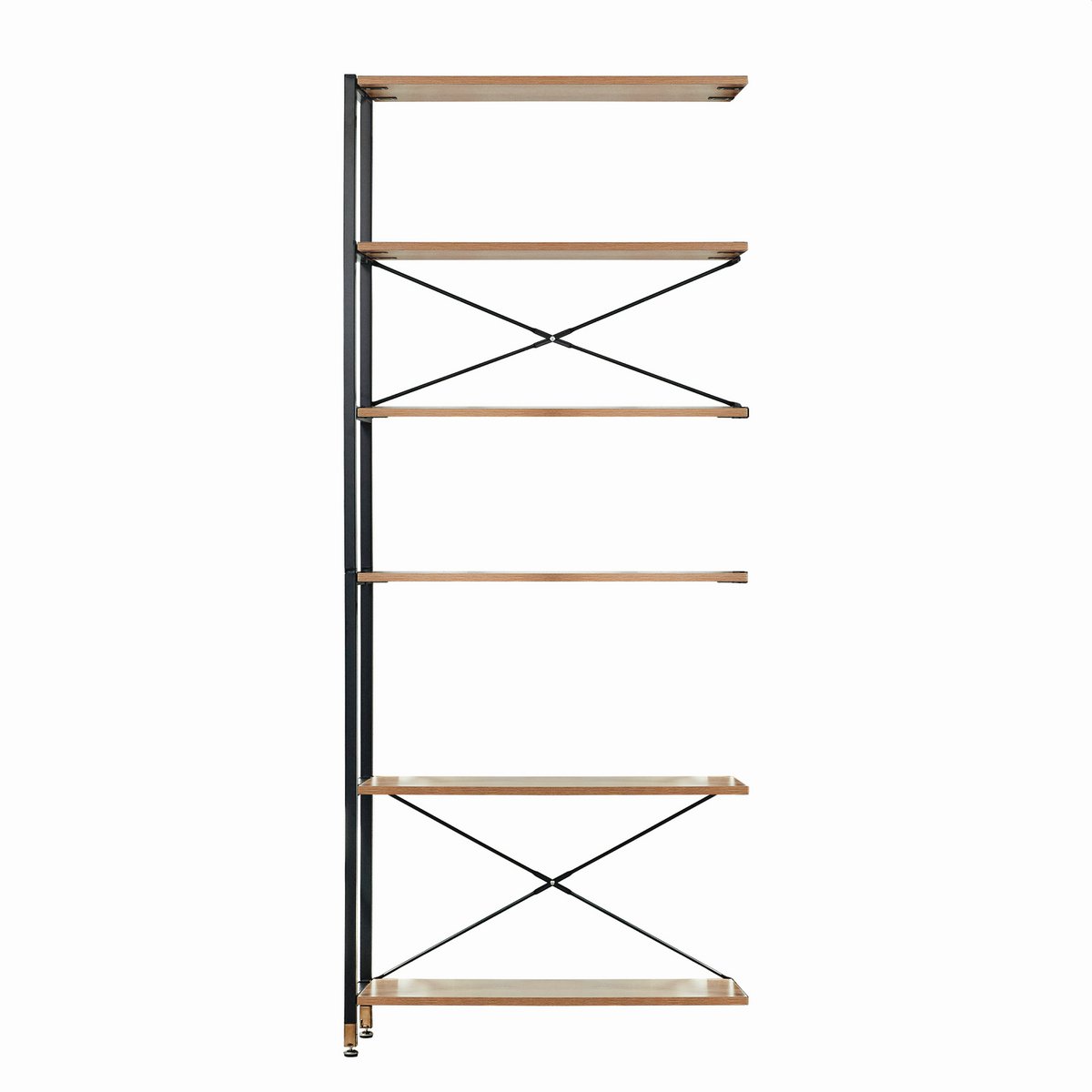 Étagère large en métal noir et MDF, vue de face avec objets de décoration
